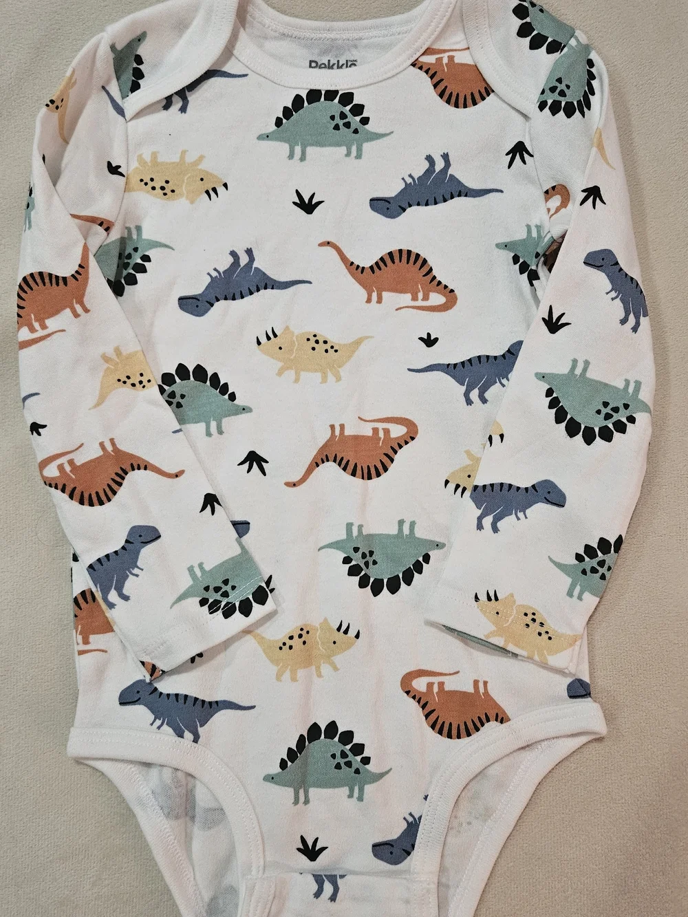 Pekkle White Long-Sleeve Dinosaur Bodysuit - 18 Months